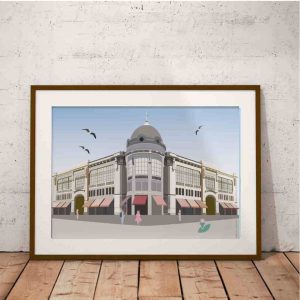 Ilustração figurativa da fachada do Mercado do Bolhão no Porto.