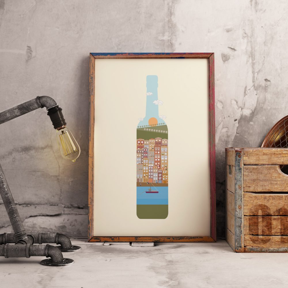 Poster com ilustração de ícones da cidade do Porto dentro de uma Vinho do Porto