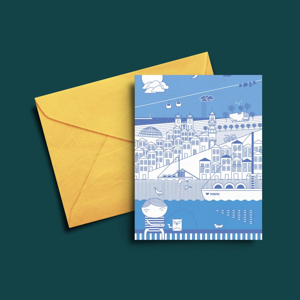 Postal com ilustração de ícones da cidade do Porto